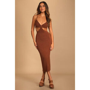 Lulus The Way I Feel Brown Cutout Midi Sweater Dress - Size XS